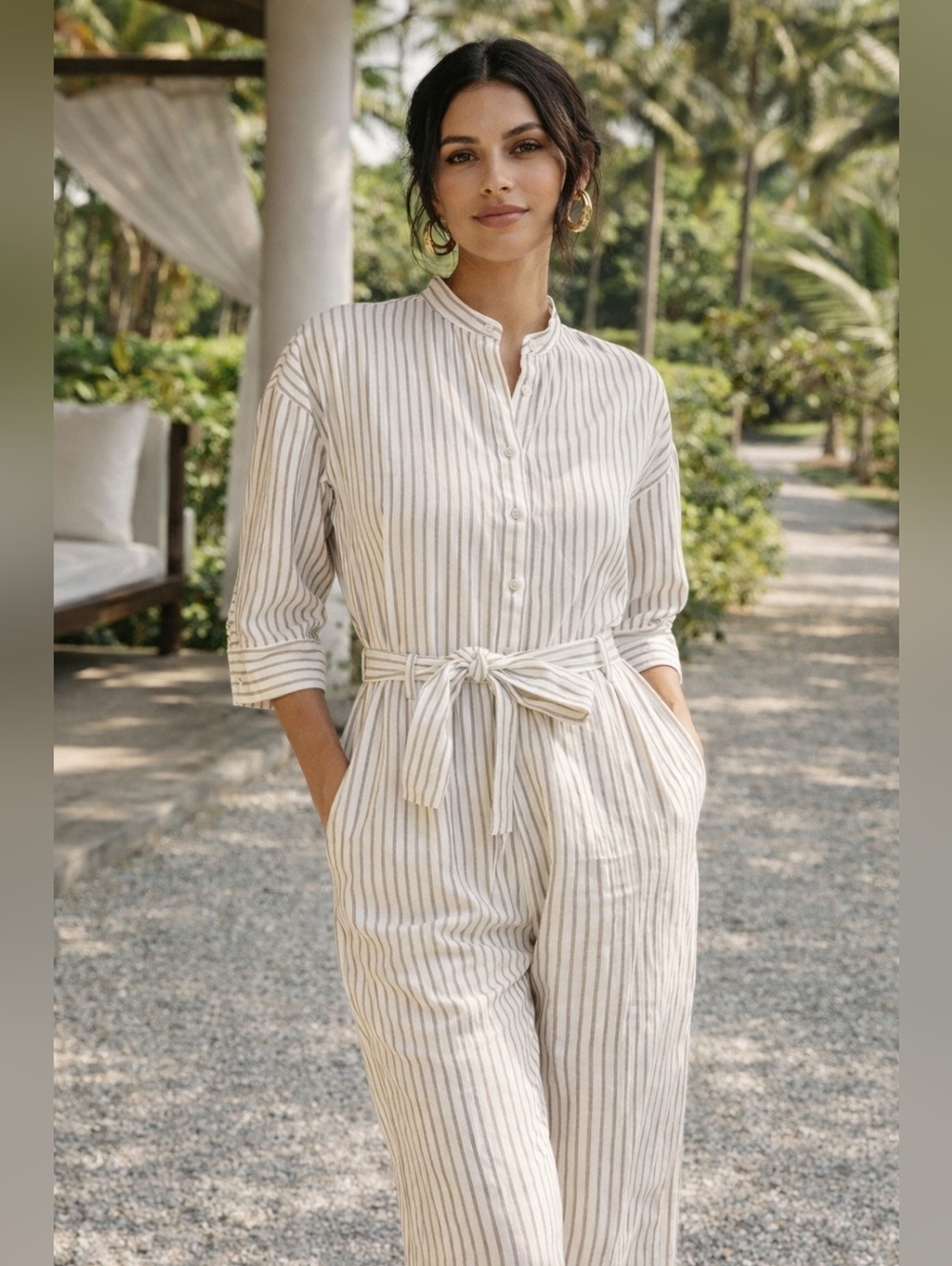 Club Monaco Striped Tencel Jumpsuit Khaki White Size 00 Luxe NEW